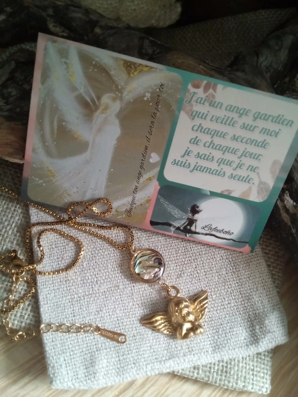 Angel pendant necklace and abalone connector + card – photo 2
